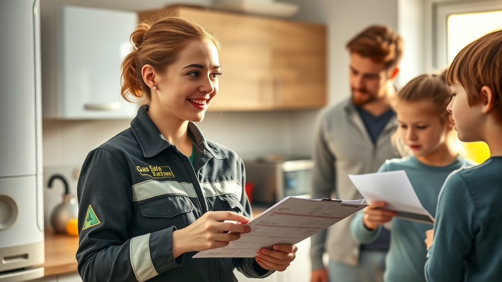 Gas safe engineer giving boiler safety advice to a family in modern kitchen