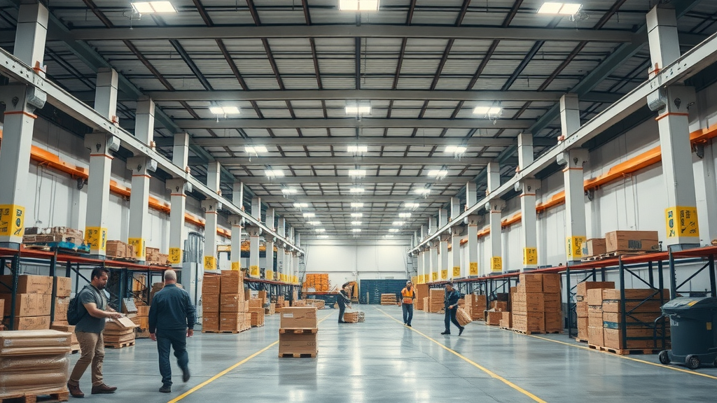 Warehouse efficiently heated with commercial infrared solutions, active staff working