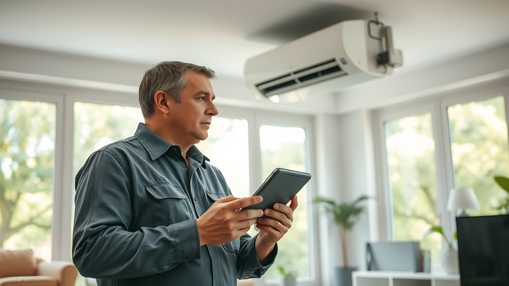 Professional technician performing air conditioning maintenance in a bright modern living room.
