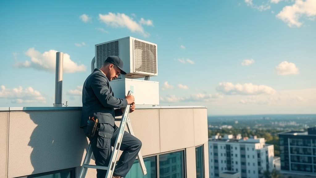 Technician performing rooftop air conditioning maintenance for a commercial building.