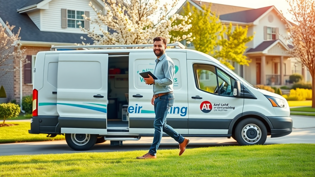 Service van and technician arriving for scheduled air conditioning maintenance at home.