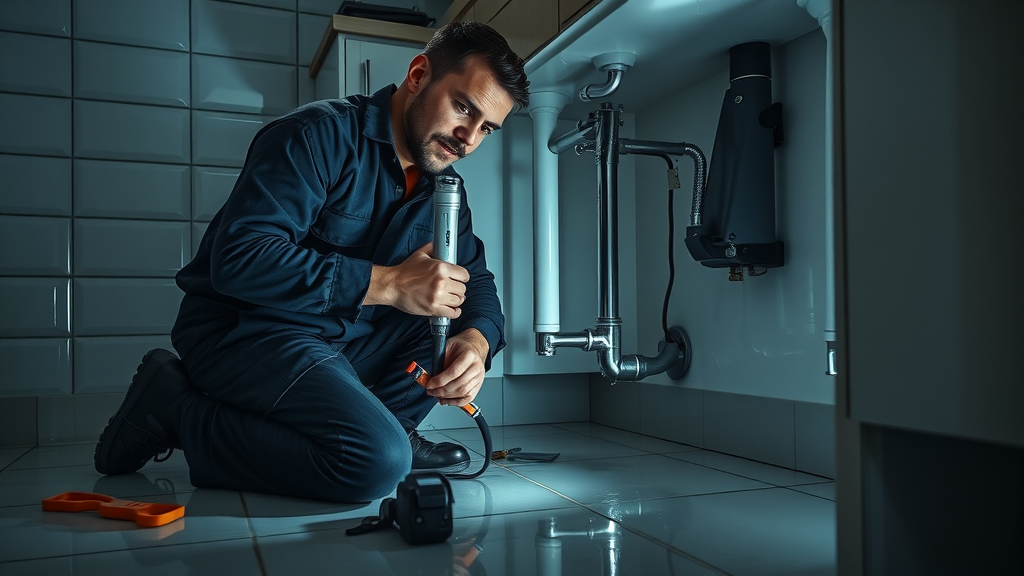 24/7 emergency plumbing plumber fixing burst pipe at night in kitchen