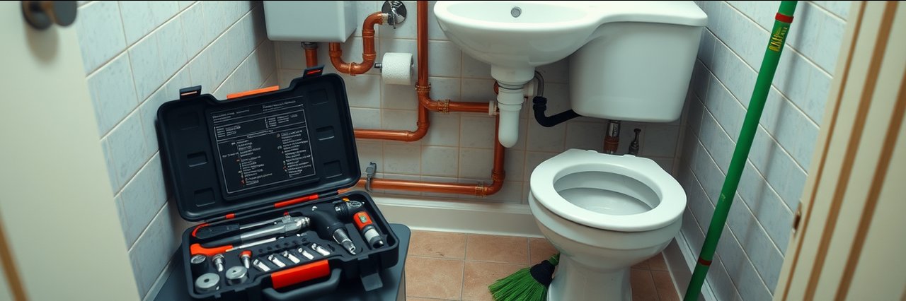 Plumbing tools in small bathroom for blocked leaky pipes repair scene