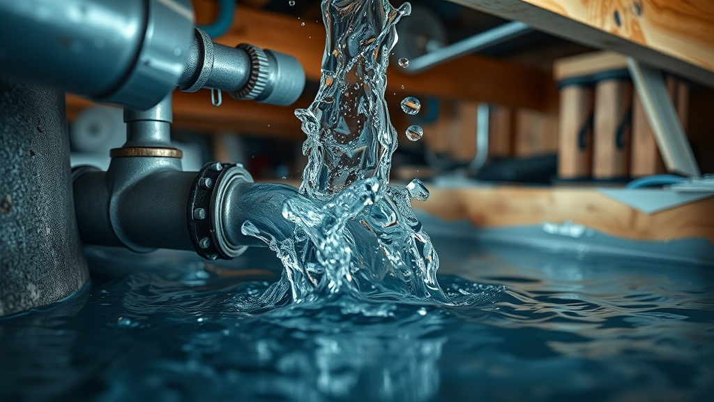 Blocked leaky pipes repair showing burst pipe, gushing water, and damage in a flooded basement.