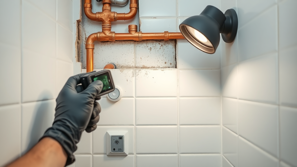 Blocked leaky pipes repair with plumber inspecting hidden leak in wall using modern tools.