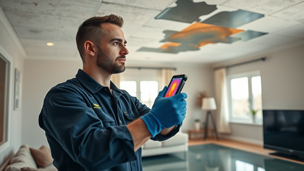 Blocked leaky pipes repair in action as plumber scans water-damaged ceiling for leaks.