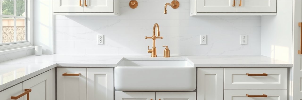 Modern kitchen with farmhouse sink and marble counter for plumbing services chesterfield