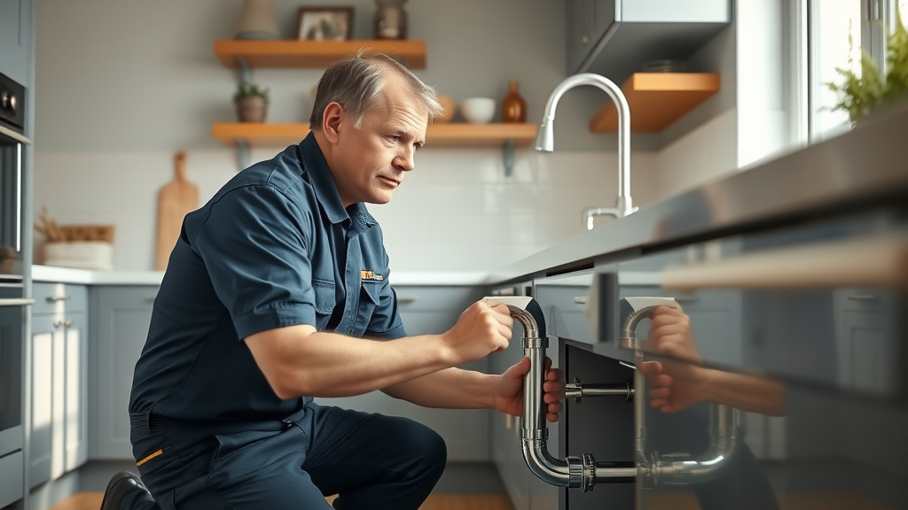 Skilled plumber repairing kitchen pipe in Chesterfield home, reliable plumbing services.