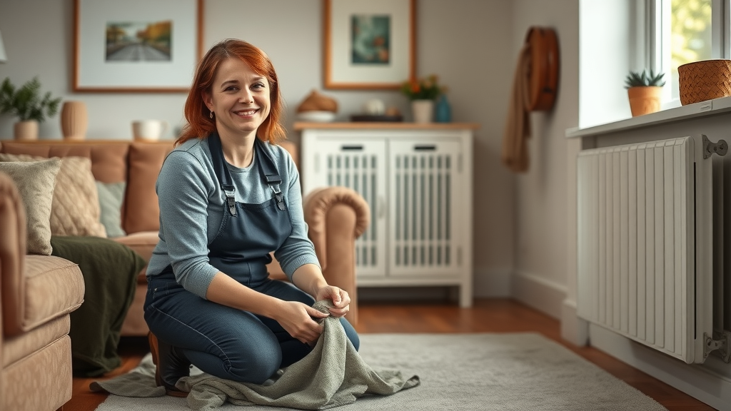 Professional plumber protecting living room before radiator repair, Chesterfield service.