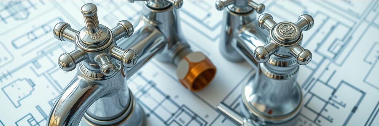 Close-up of plumbing fixtures and blueprints, ideal for domestic plumbing services.