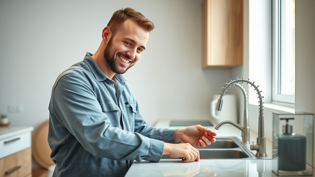 Professional plumber inspects kitchen sink, showcasing domestic plumbing services.