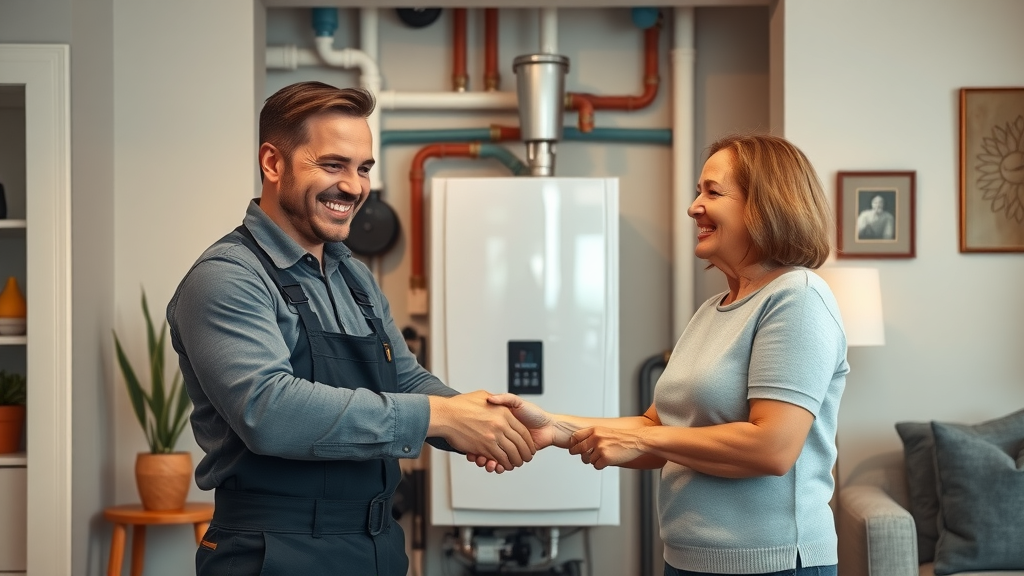 Happy customer and plumber after boiler upgrade, emphasizing domestic plumbing services.