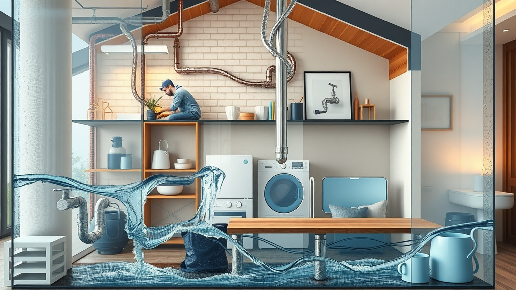 Home plumbing system cross-section with plumbers, illustrating domestic plumbing services.