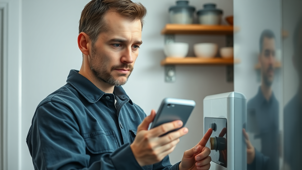Professional gas safe engineer inspecting a modern boiler in a well-lit home.