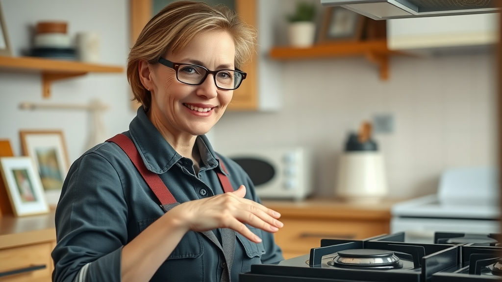 Female gas safe engineer ensuring gas stove safety in a well-lit family kitchen.