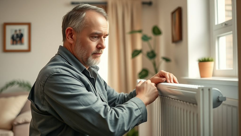 Expert gas safe engineer fitting new radiator in a bright, comfortable living room.
