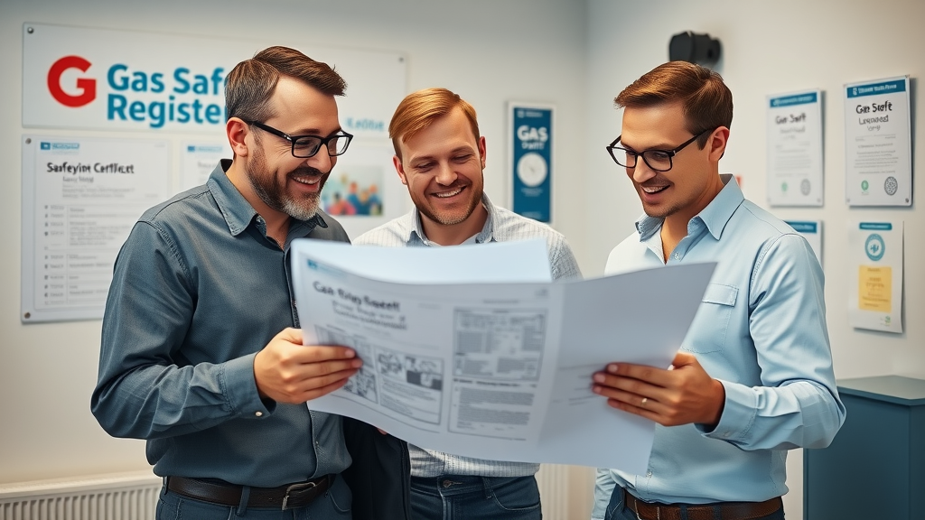 Gas safe engineers reviewing plans and safety certificates in their professional office.