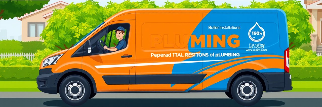 Modern plumbing van advertising boiler installations and services on suburban street.