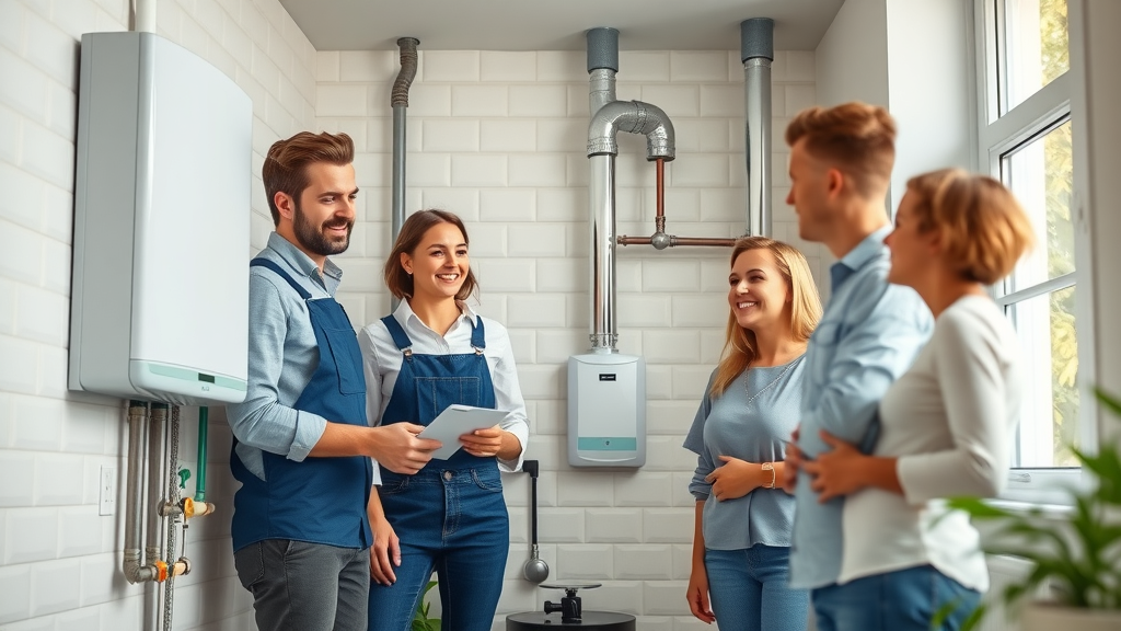 Happy family and plumber with new boiler installation in UK home