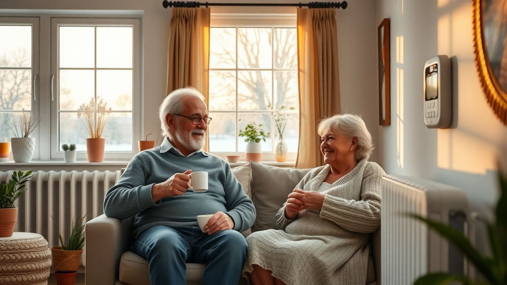 Elderly couple enjoying comfortable warmth from new boiler installation