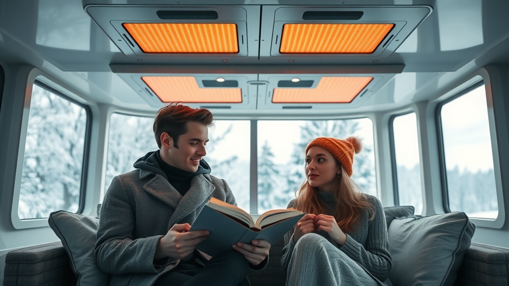 Young couple stays cozy with infrared heating systems in minimalist living space