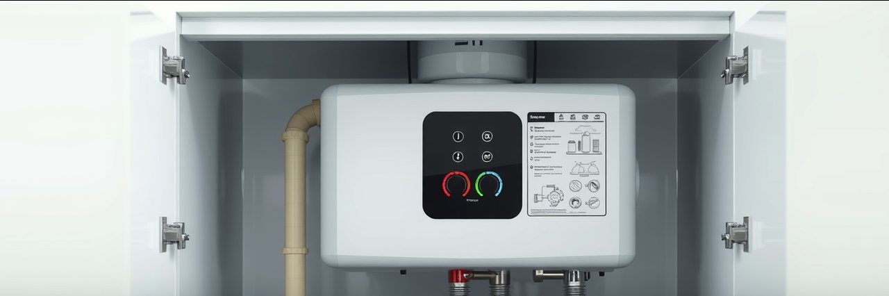 Landlord gas safety—modern boiler with safety instructions in white cupboard.