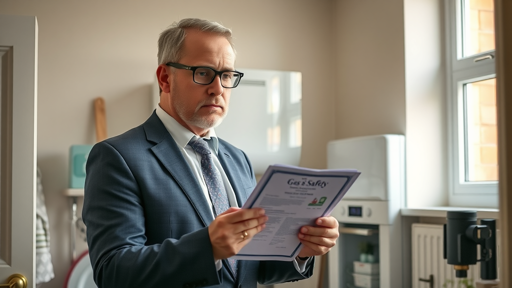 Landlord gas safety inspection with certificate in a modern kitchen setting