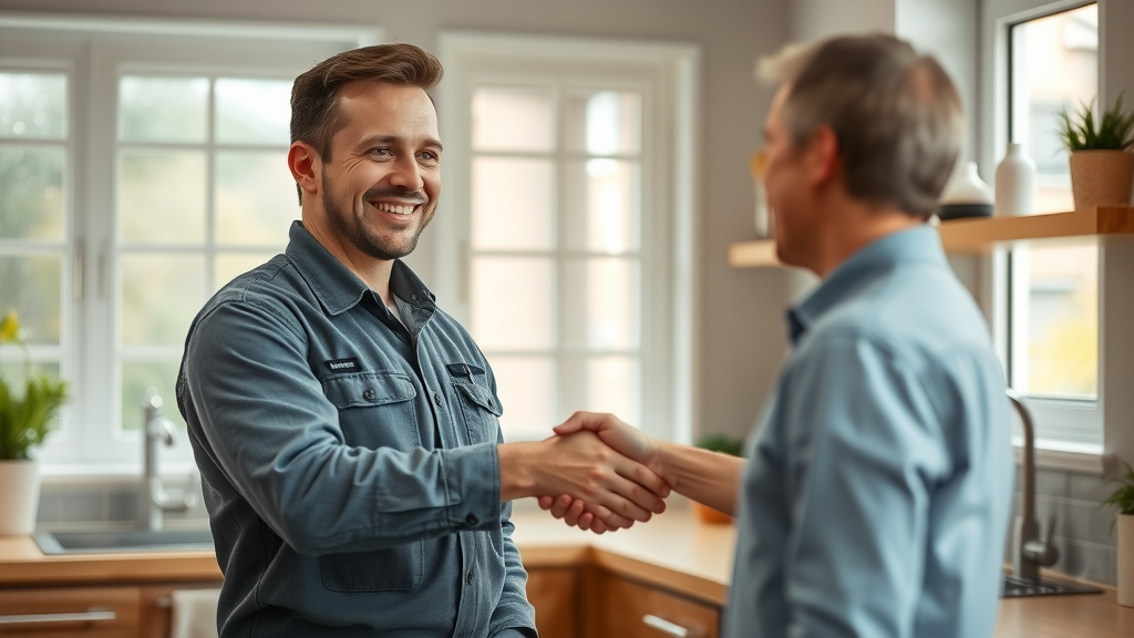 Trustworthy plumbing company handshake in a bright home kitchen