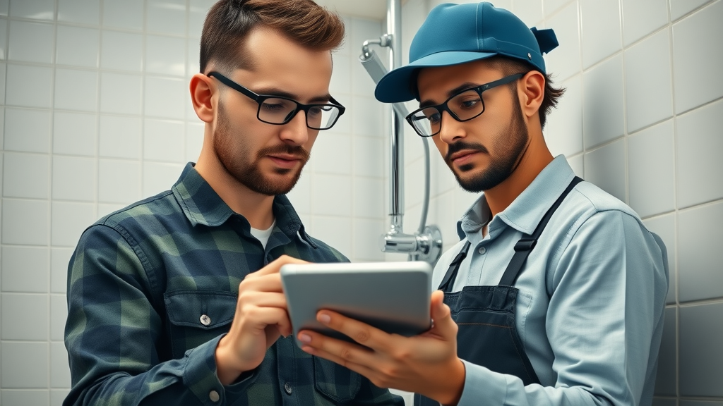 Reliable trustworthy plumbing company team examining pipes with tablet