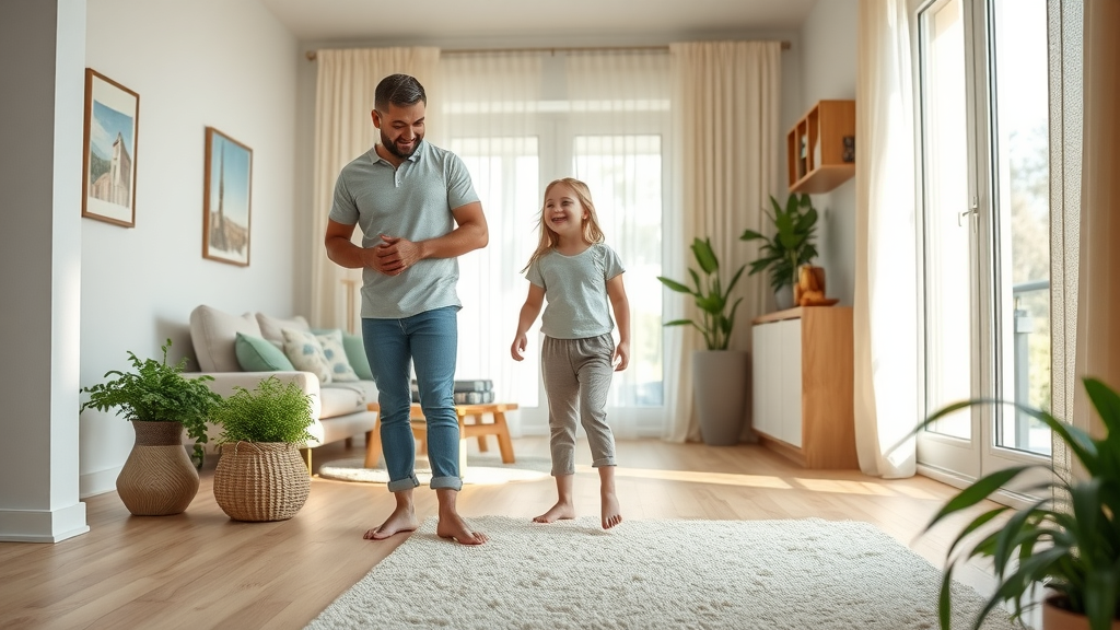 Modern home with family enjoying underfloor heating systems and barefoot comfort