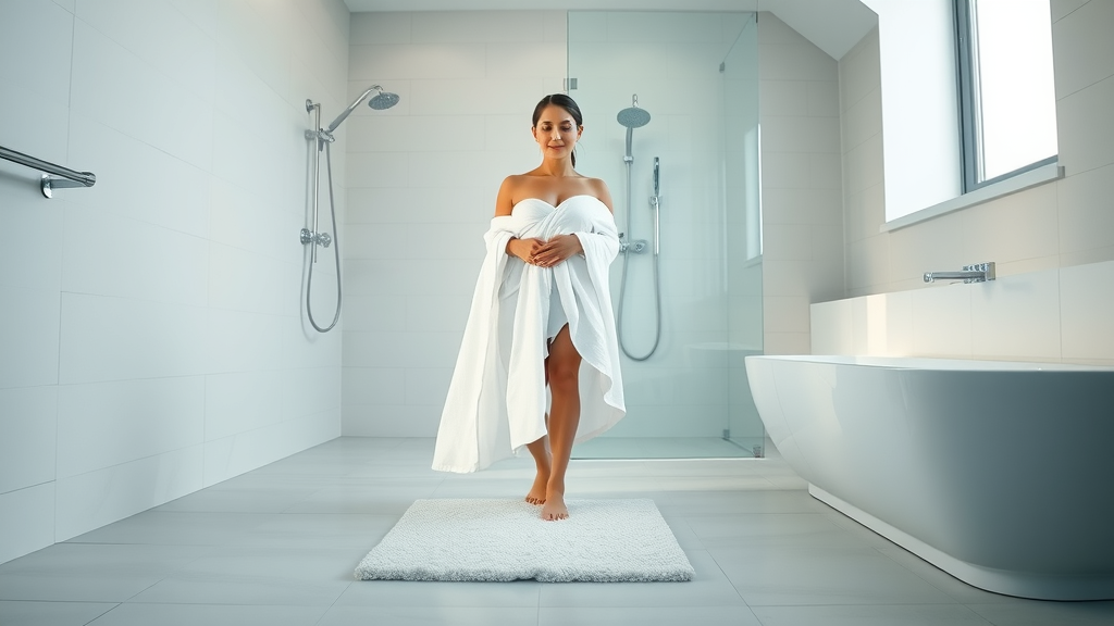 Woman enjoying heated tile floor in a modern bathroom with underfloor heating system