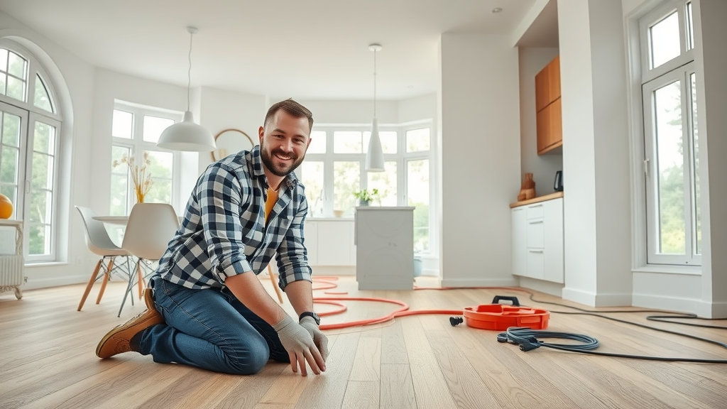 Installer fitting underfloor heating system pipes in modern kitchen for home comfort