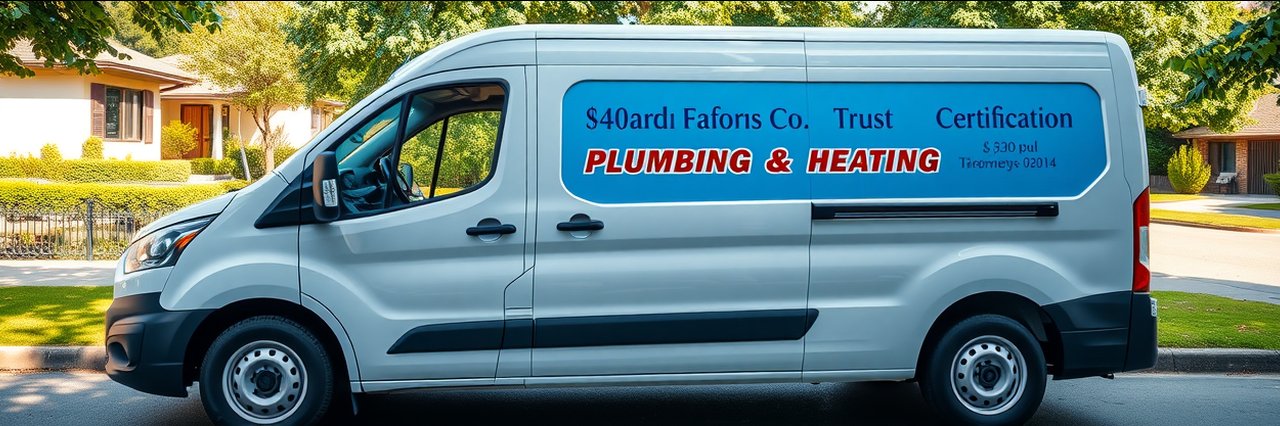 Plumbing and heating service van with branding for home air conditioning parked outdoors