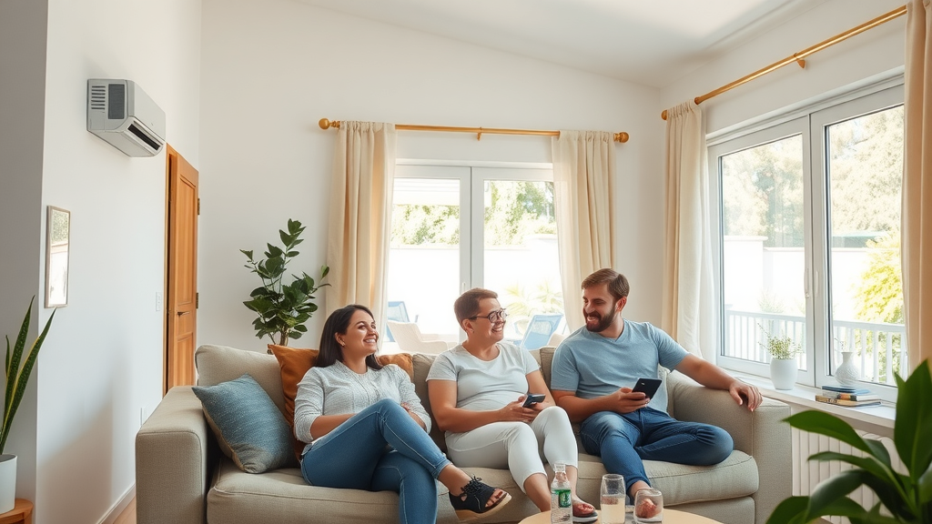 Home air conditioning in Chesterfield: happy family enjoying a cool living room