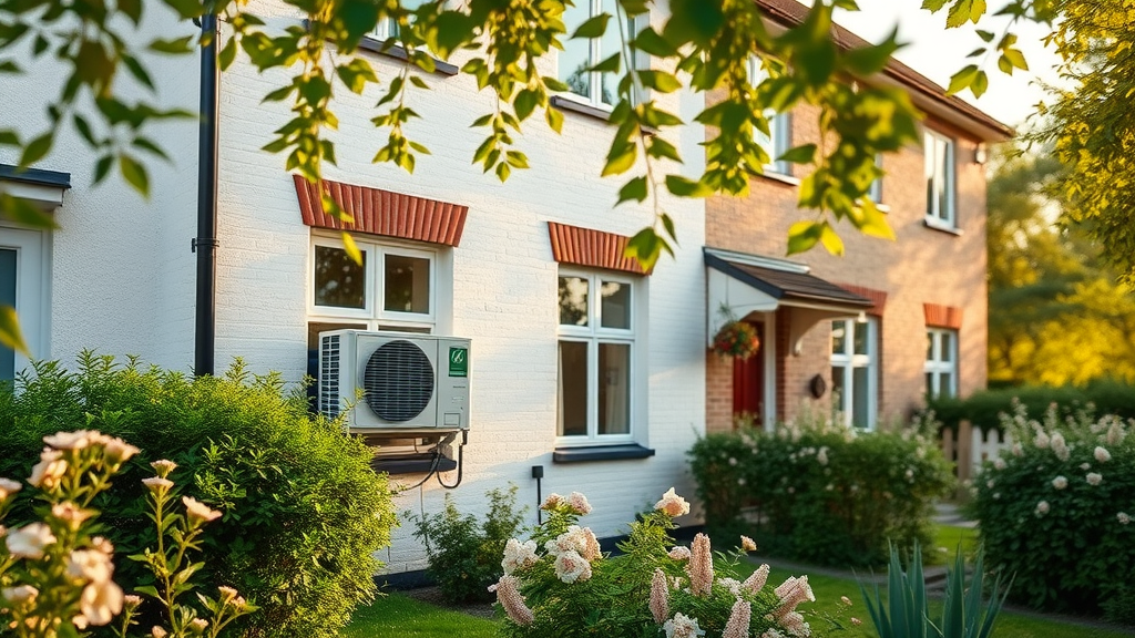 Home air conditioning unit outside Derbyshire house in summer