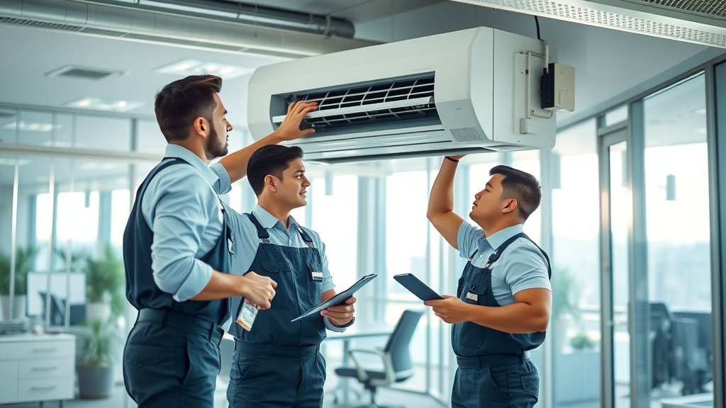 AC installation experts installing unit in modern office, professional teamwork