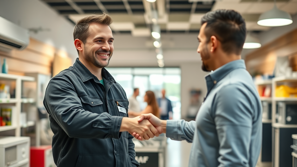 AC installation expert shakes hands with satisfied retail client after service