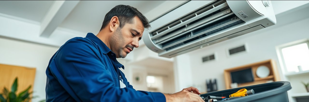 Professional technician performing air conditioning repairs in modern home