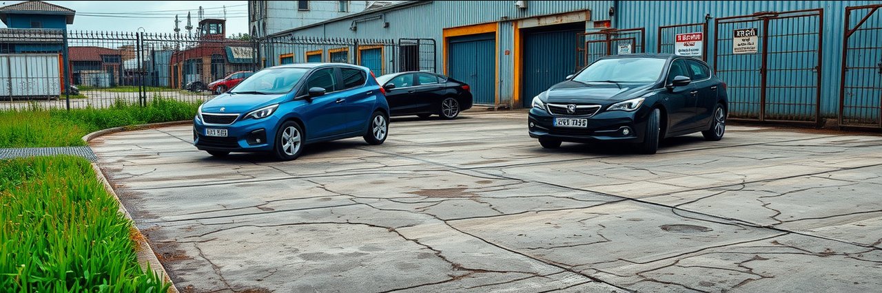 Urban parking area with cars, worn pavement, vehicle ecu tuning location