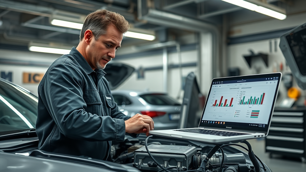 Mechanic expertly tuning vehicle ECU with digital equipment in modern garage