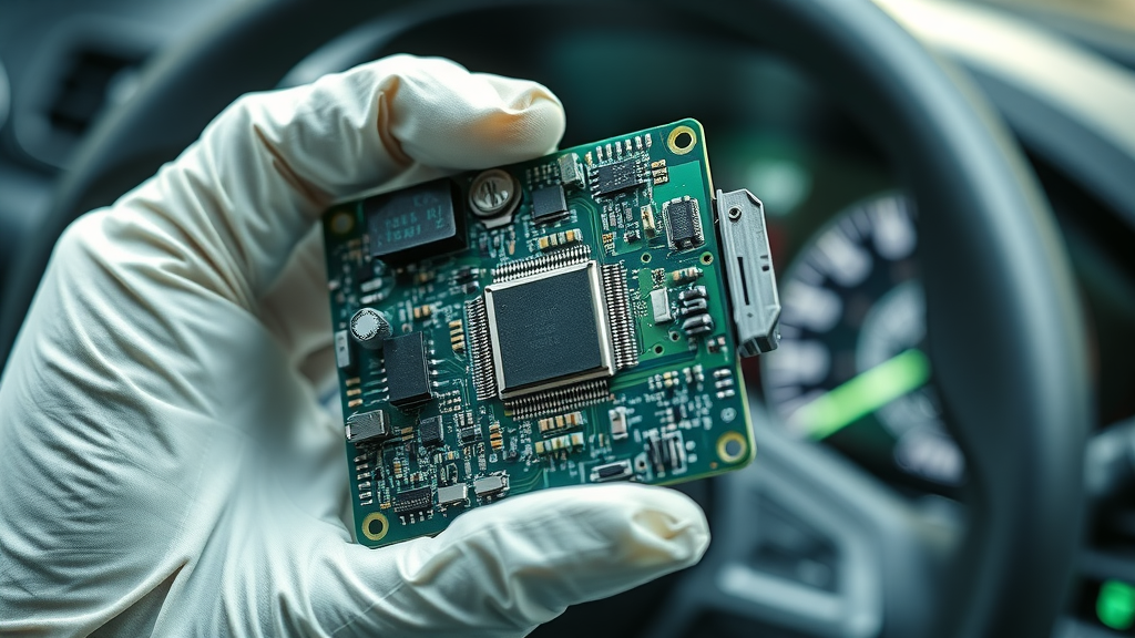 Technician inspecting advanced ECU chip for tuning in automotive electronics lab