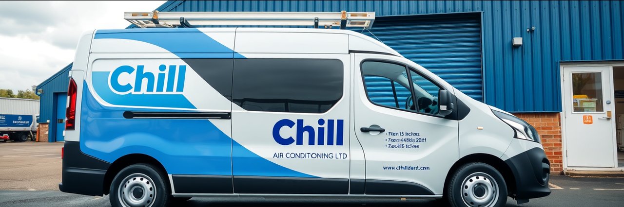 Professional AC installation service van outside business building