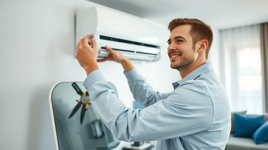 Professional AC installation expert fitting a unit in a modern home.