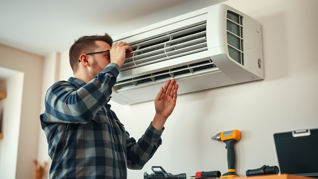 Certified technician performing professional AC installation in home.