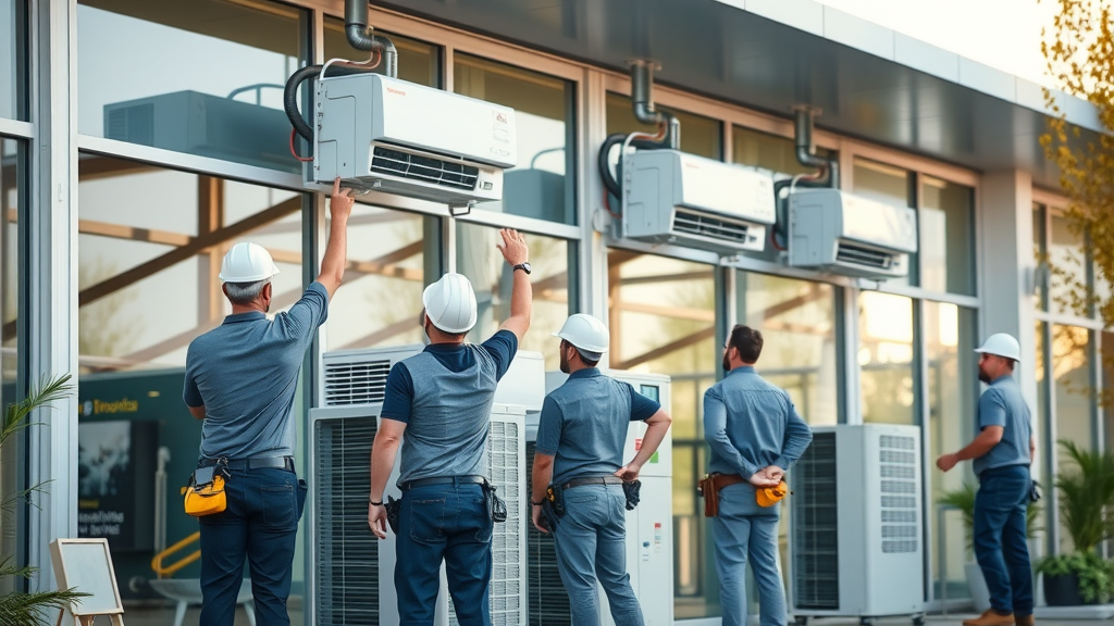 Commercial team delivering professional AC installation at office site.