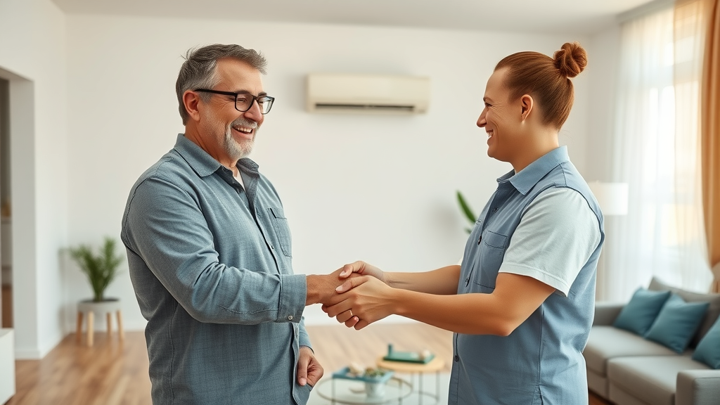 Homeowner with professional ac installation expert after successful service.