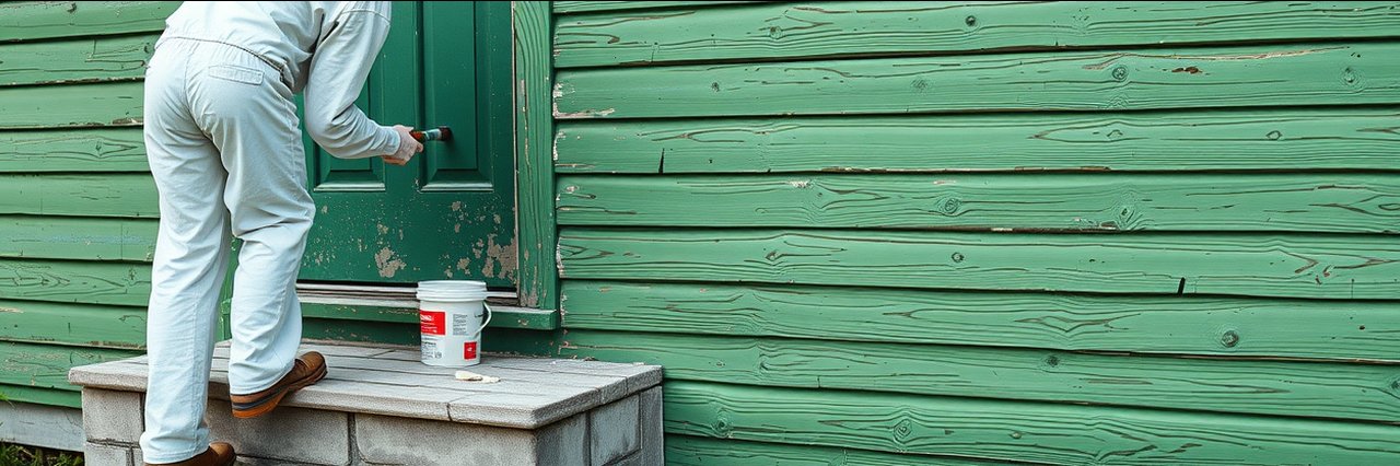 Exterior house painting prep on weathered wooden siding with painter and supplies