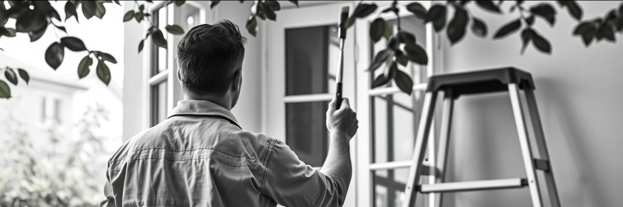 Professional painter working on interior painting in Chesterfield, monochrome scene