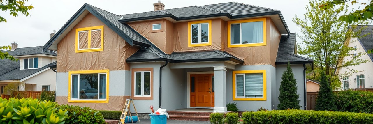 Local painting contractors working on modern house exterior renovation