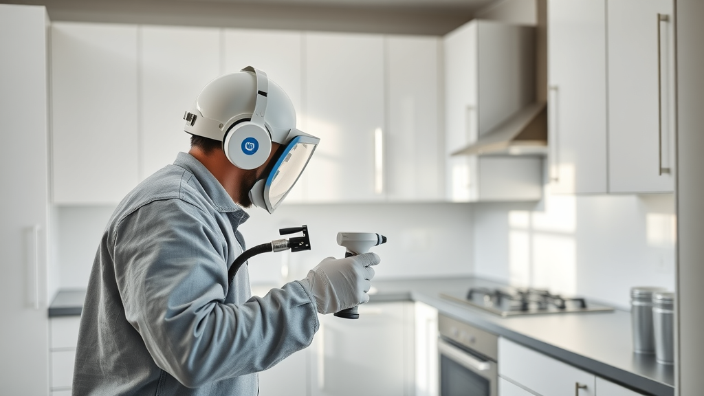 Local painting contractor spraying kitchen cabinets for professional uPVC finish